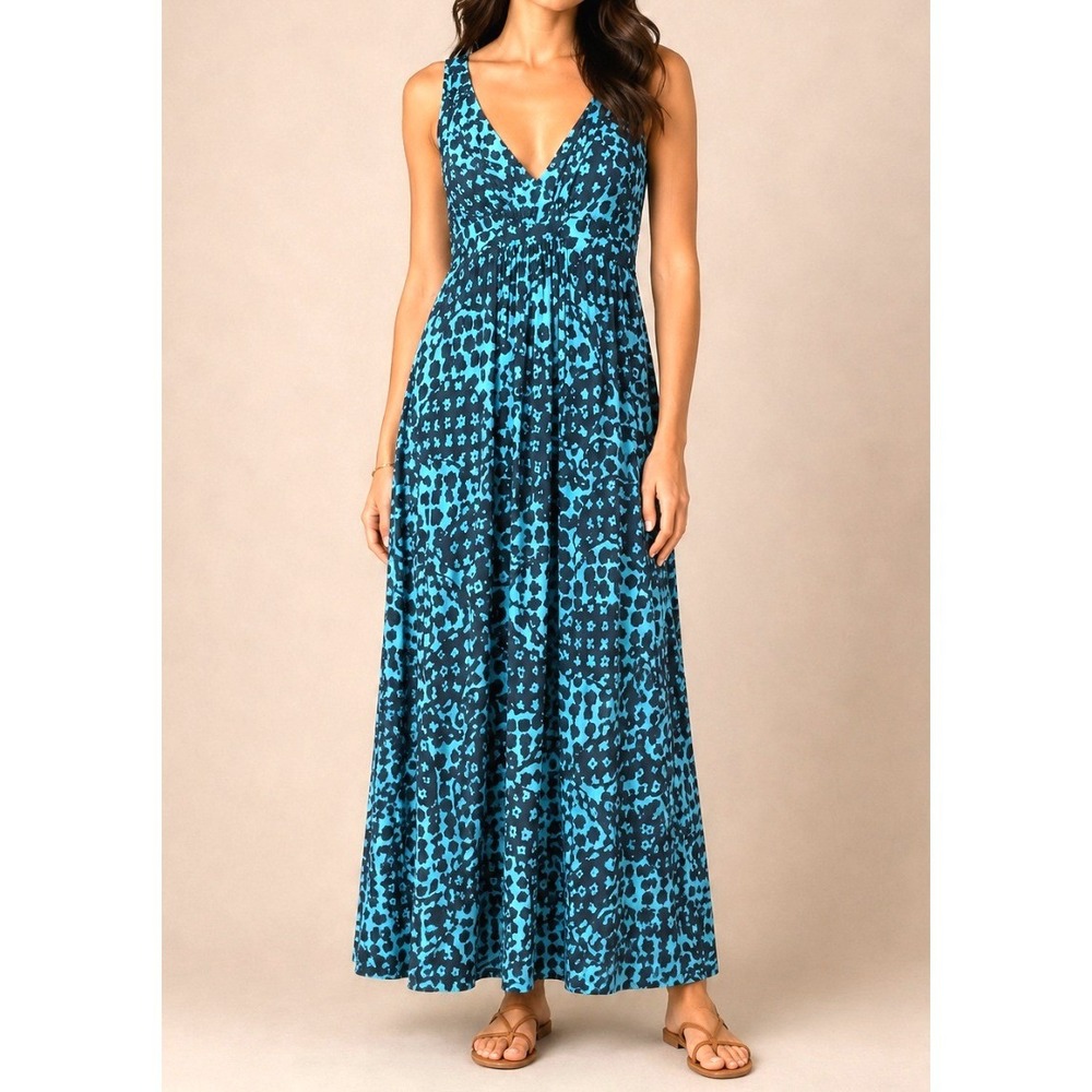 Boden WH605 Turquoise Blue Grey Abstract Floral V-Neck Maxi Dress Womens US 8R